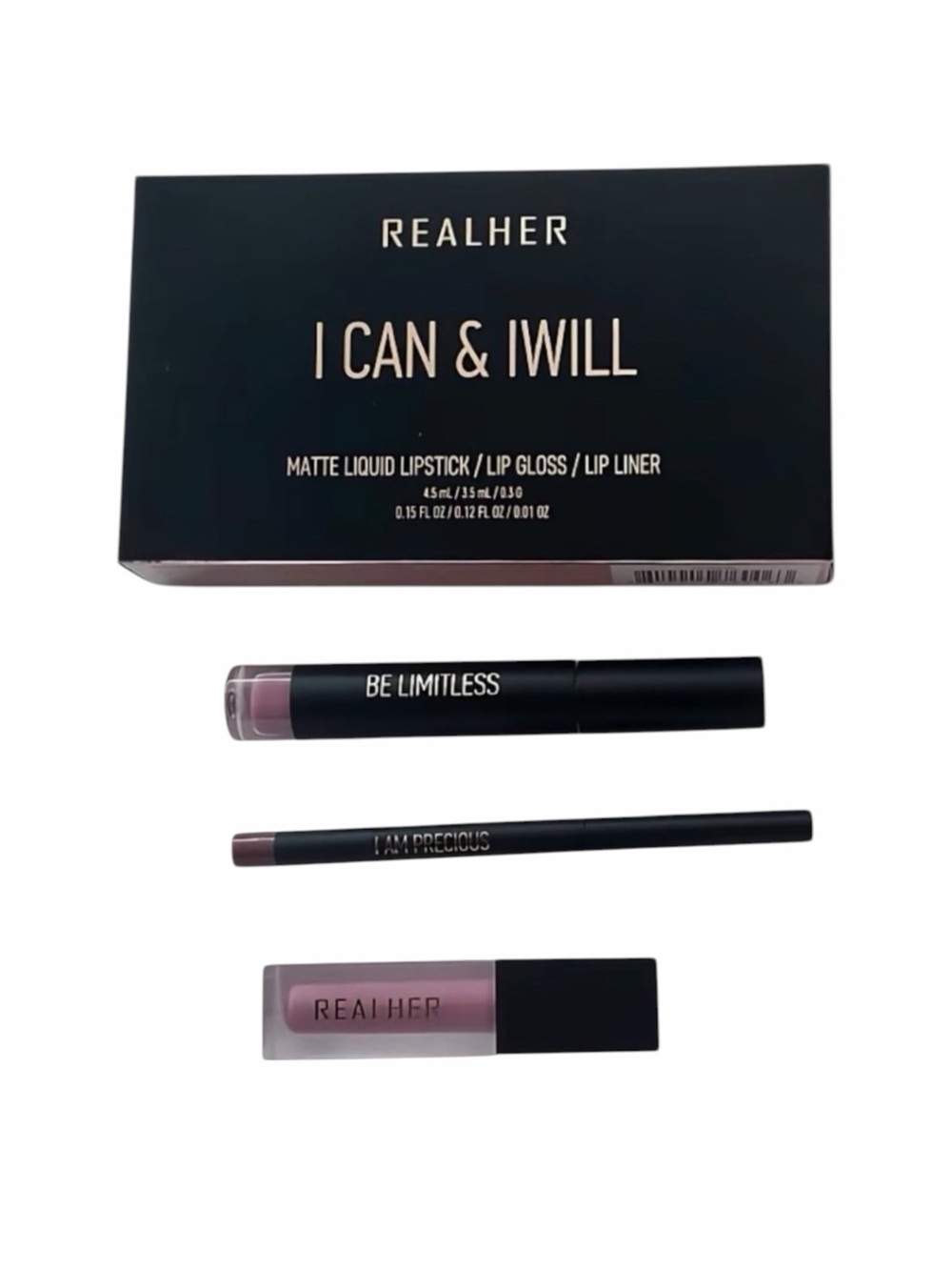 RealHer I Can And I Will Lip Set: Matte Liquid Lipstick/Lip Gloss/Lip Liner NEW